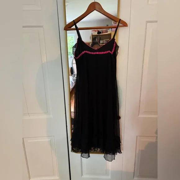 Betsey Johnson Black Stretch Slip Dress with Pink Floral Trim - Picture 2 of 2